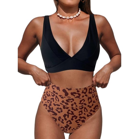 2 Piece Women's Leopard V Neck High Waisted Bathing Suits - Picture 1 of 4